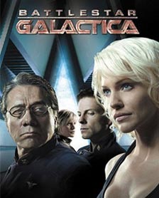 Battlestar Galactica image: From left: Admiral Adama, Kara Thrace (Starbuck), Lee Adama (Apollo), Six Battlestar Galactica image: From left: Admiral Adama, Kara Thrace (Starbuck), Lee Adama (Apollo), Six